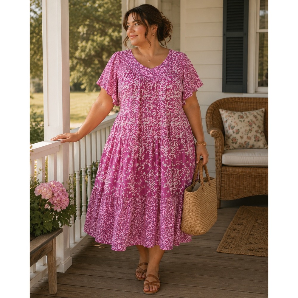 Womens 1X Pink Floral Paisley Tiered Dress Cotton Patio Boho Cottagecore Muu Muu